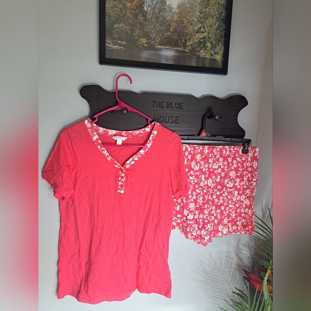 Charter Club Cotton Top & Floral Print Pajama Set Poppy Ditsy  Size  Small